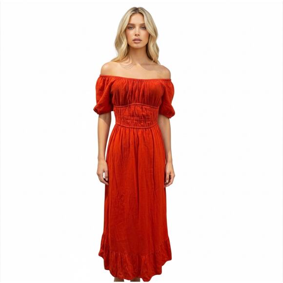 Sim Sam Milkmaid Linen Blend Midi Dress Orange M Cottagecore Peasant Ruffle Hem - Picture 1 of 8